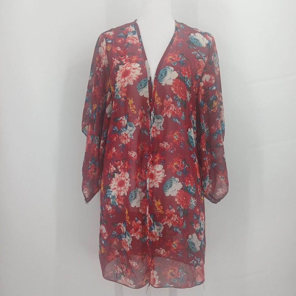 womans Vintage REBELDE Floral Chiffon Kimono Maxi Cardigan Duster Top size L